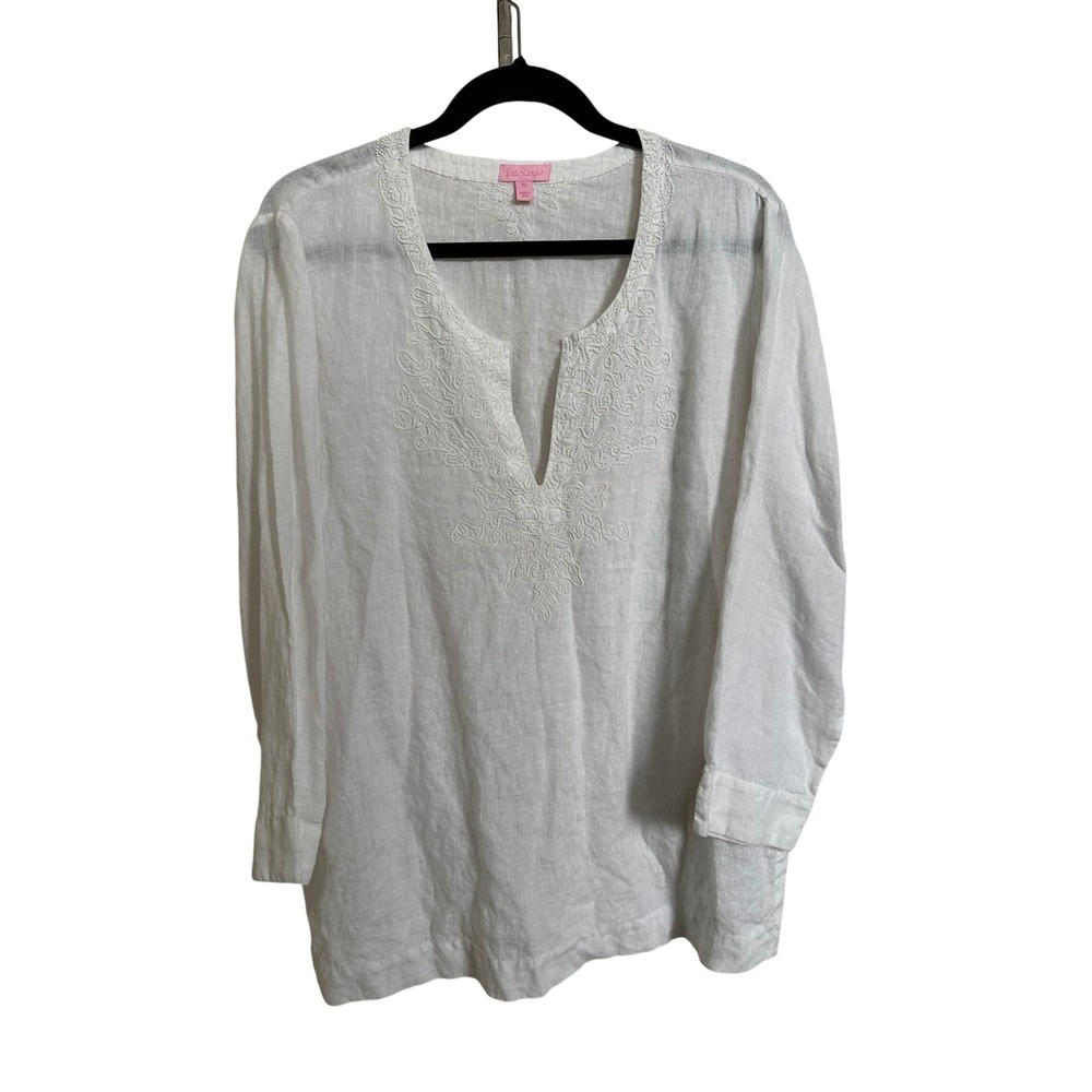 Lilly Pulitzer‎ White Linen Beaded Tunic Top XL Resort Coverup